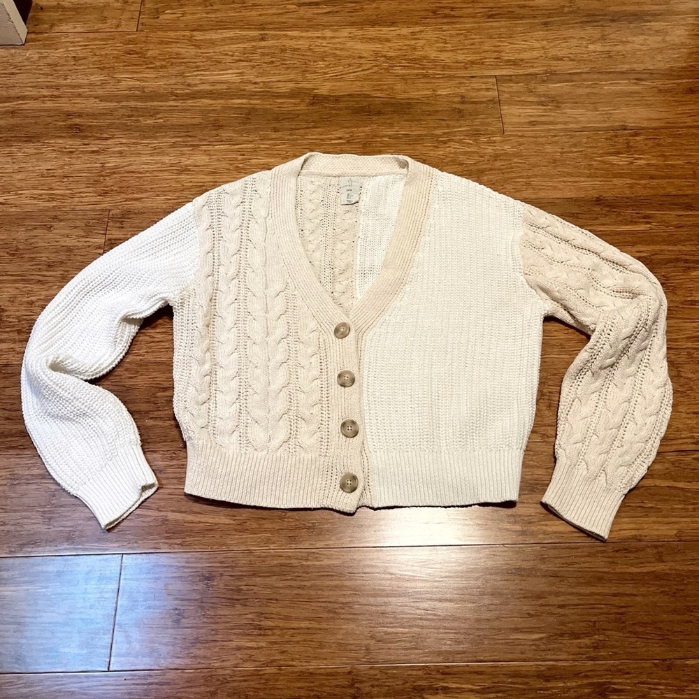 Joie cable knit cotton polyester two tone button front chunky cardigan sweater L